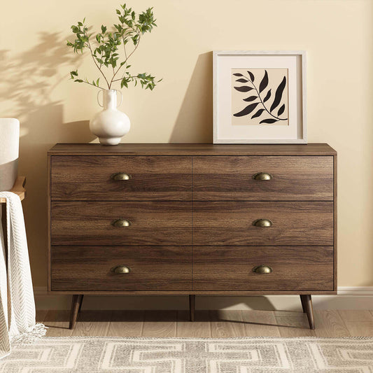 Mid-Century Modern Walnut 6-Drawer Dresser - Riumlore