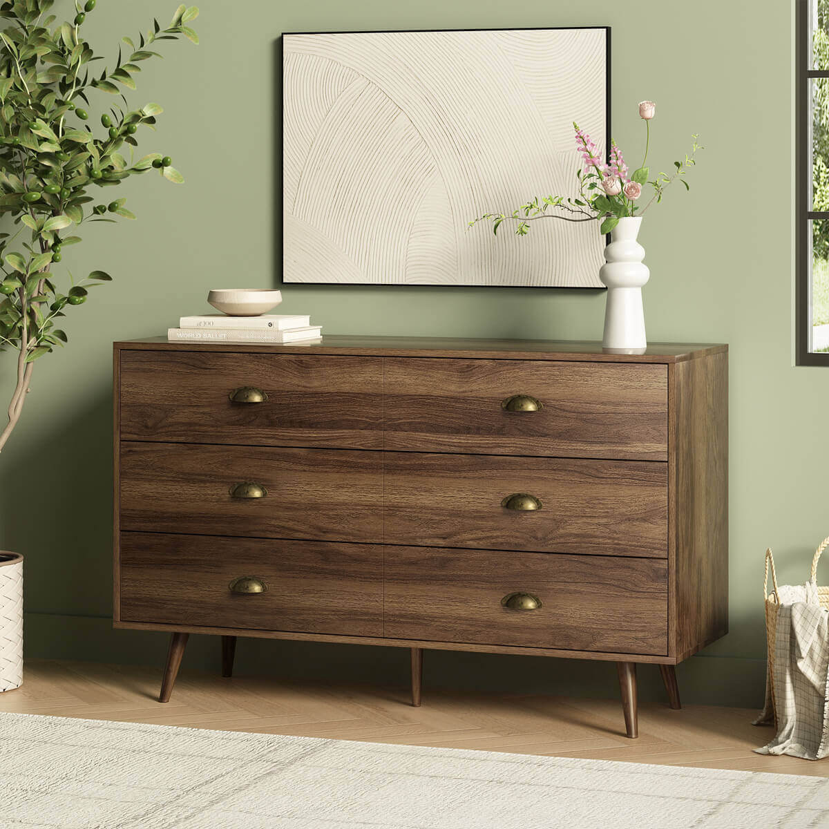 Mid-Century Modern Walnut 6-Drawer Dresser - Riumlore