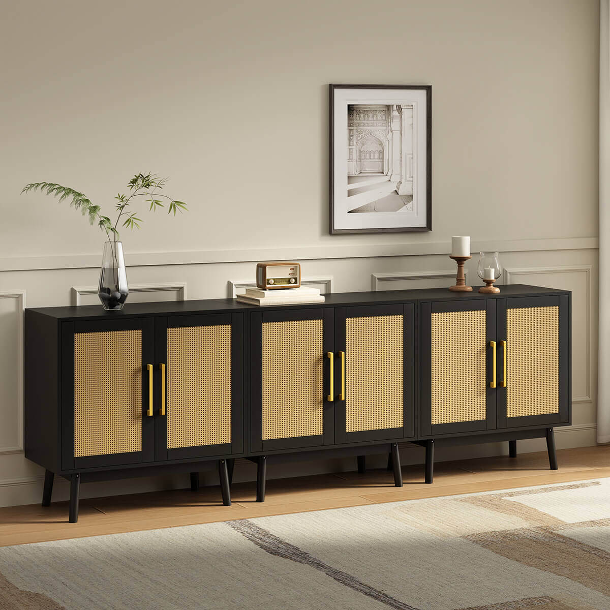 Elva Modern Rattan Black Sideboard Buffet Cabinet - Riumlore