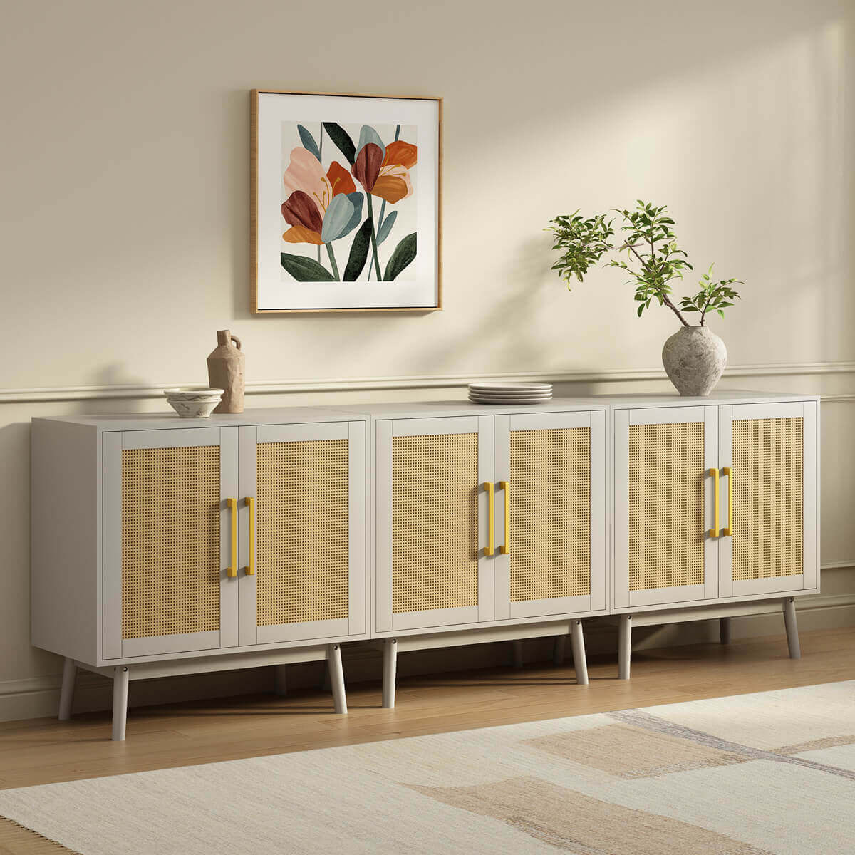 Elva Modern Rattan White Sideboard Buffet Cabinet - Riumlore