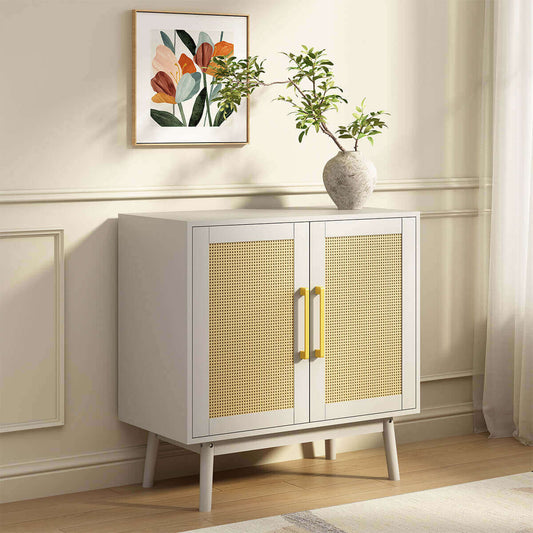 Elva Modern Rattan White Sideboard Buffet Cabinet - Riumlore