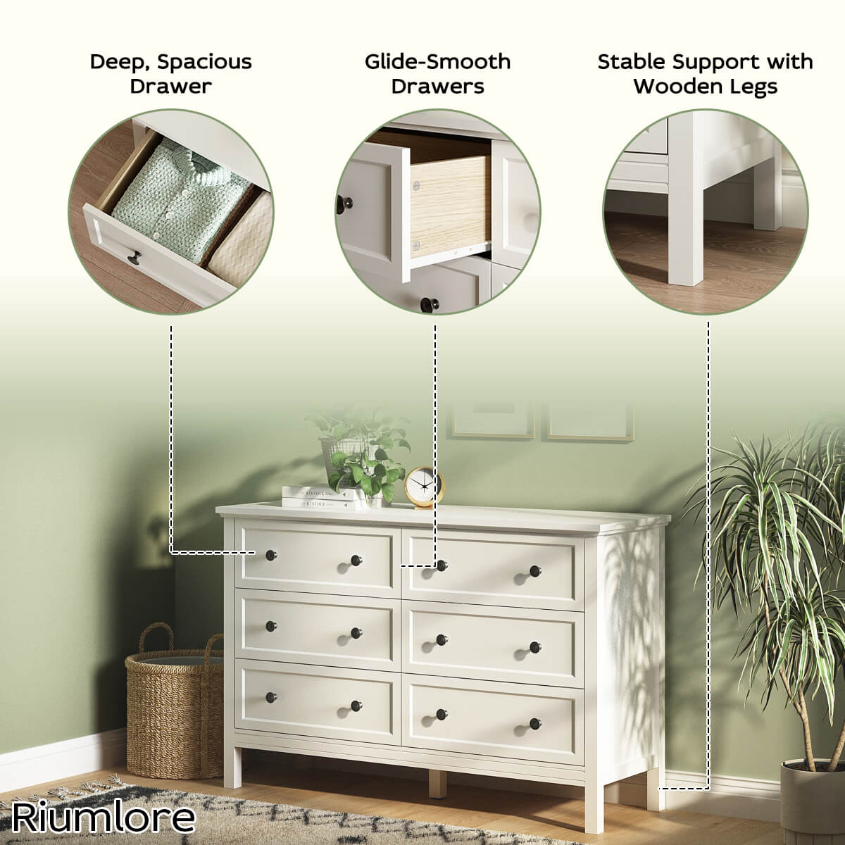 Mioa Modern Farmhouse 6-Drawer Dresser - Riumlore