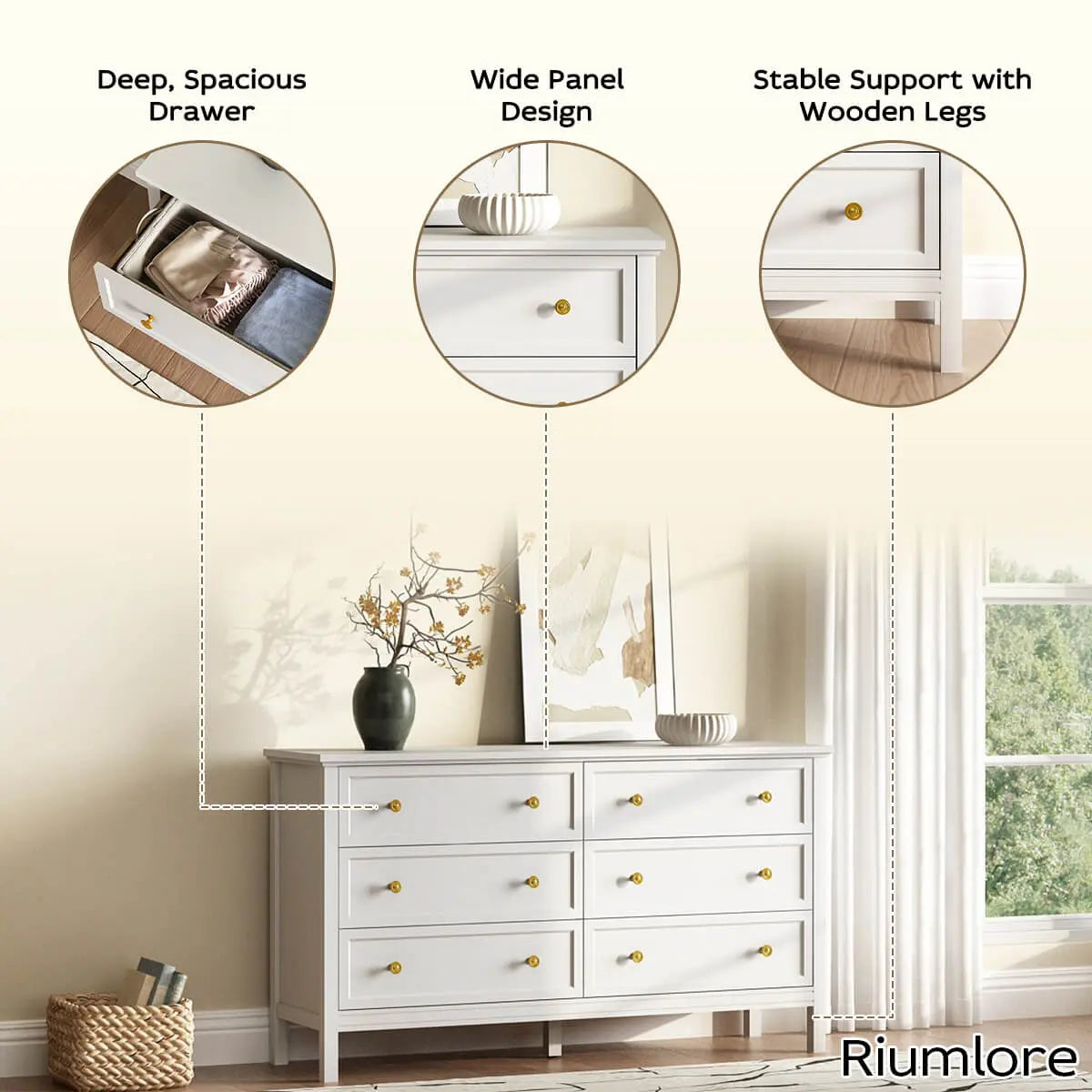 Mioa Mid-Century Modern White Deep 6-Drawer Dresser - Riumlore