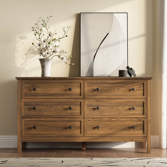 Mioa Rustic Farmhouse Wood Deep 6-Drawer Dresser - Riumlore