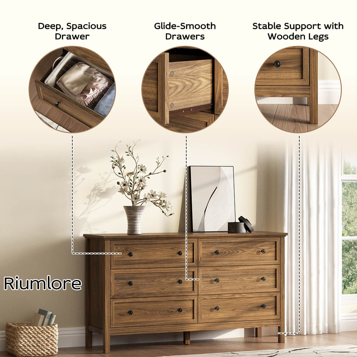 Mioa Rustic Farmhouse Wood Deep 6-Drawer Dresser - Riumlore