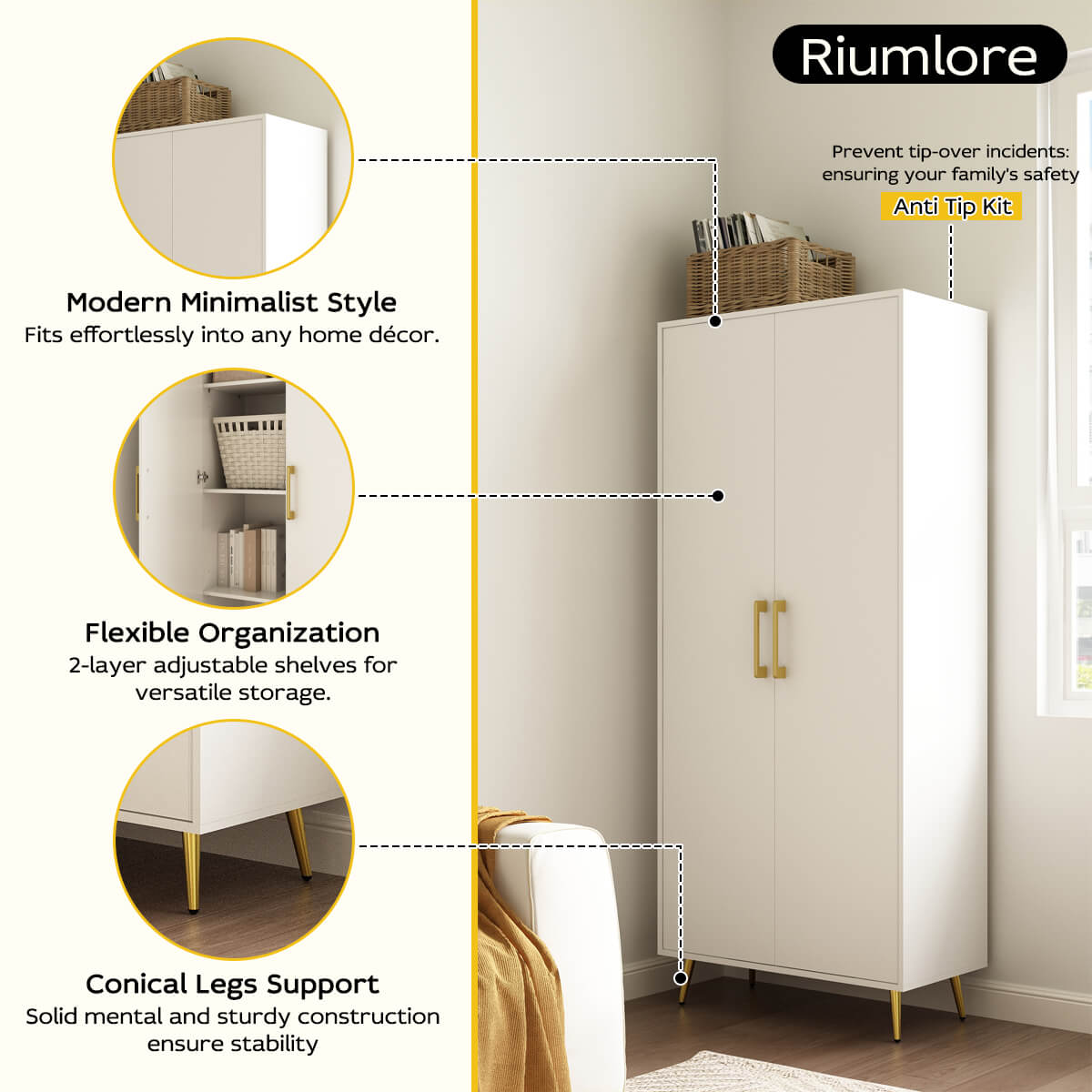 Ansel Modern Tall White Storage Cabinet - Riumlore