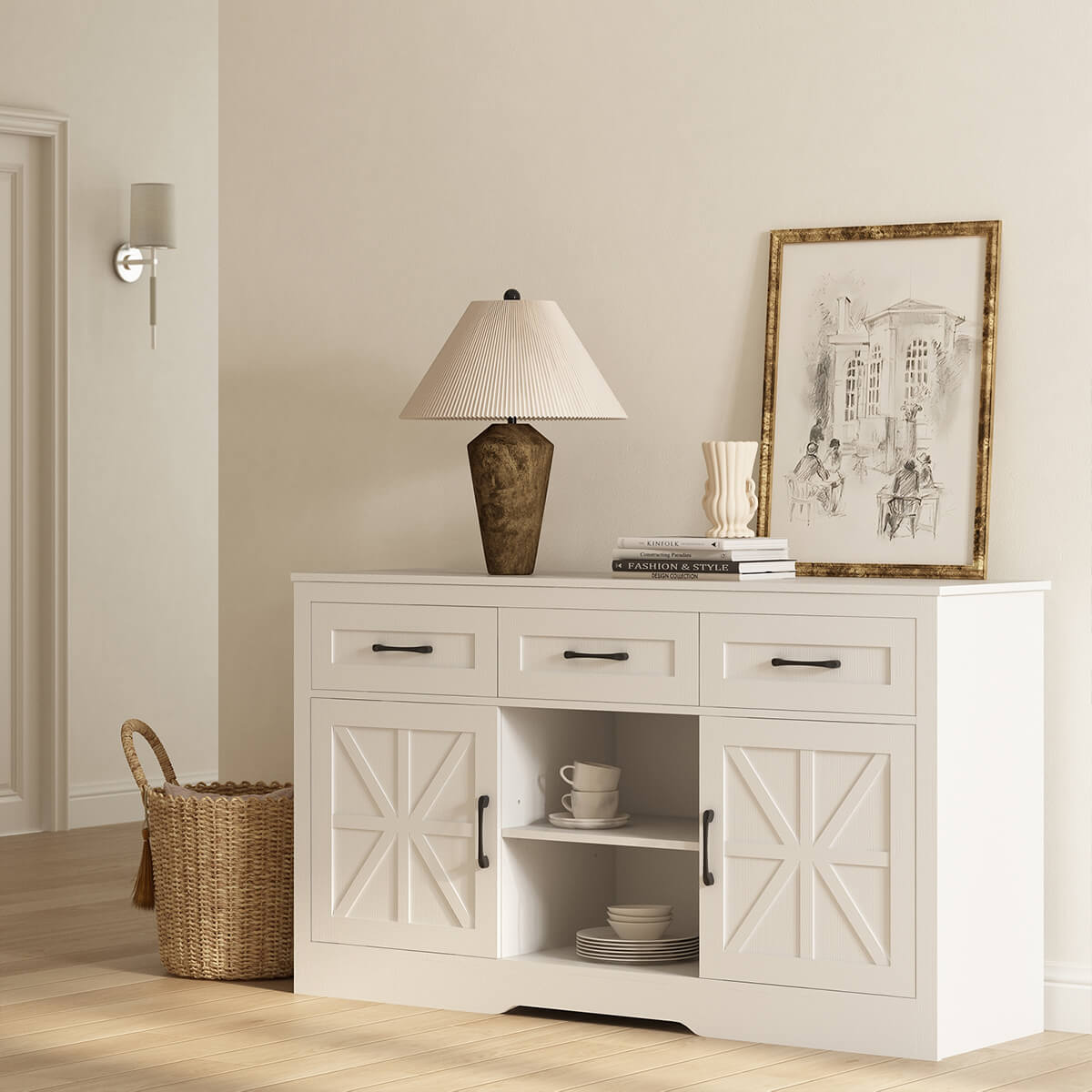 Xyla Farmhouse White Sideboard Buffet Cabinet Riumlore