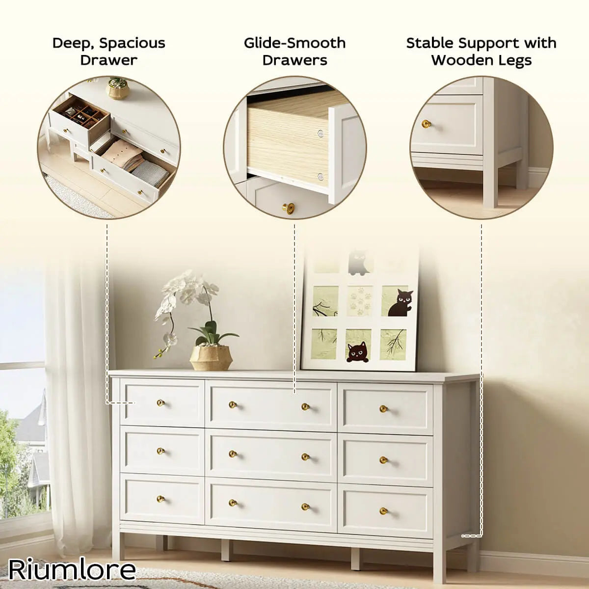 Mioa Modern White 9‑Drawer Dresser - Riumlore