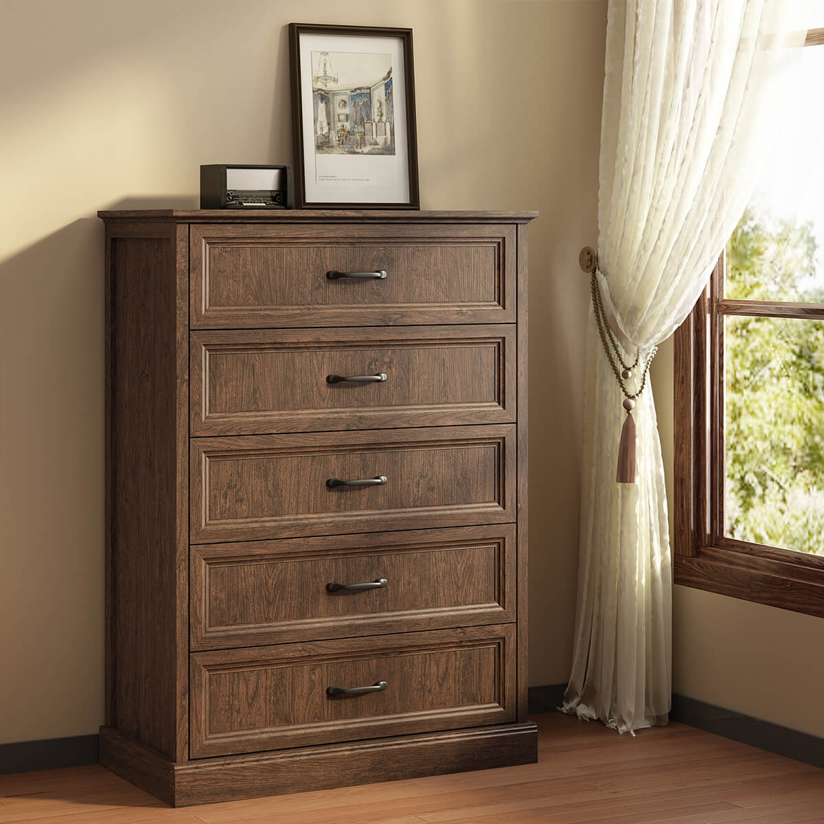 Rowen Rustic Solid Walnut Wood 5-Drawer Dresser - Riumlore
