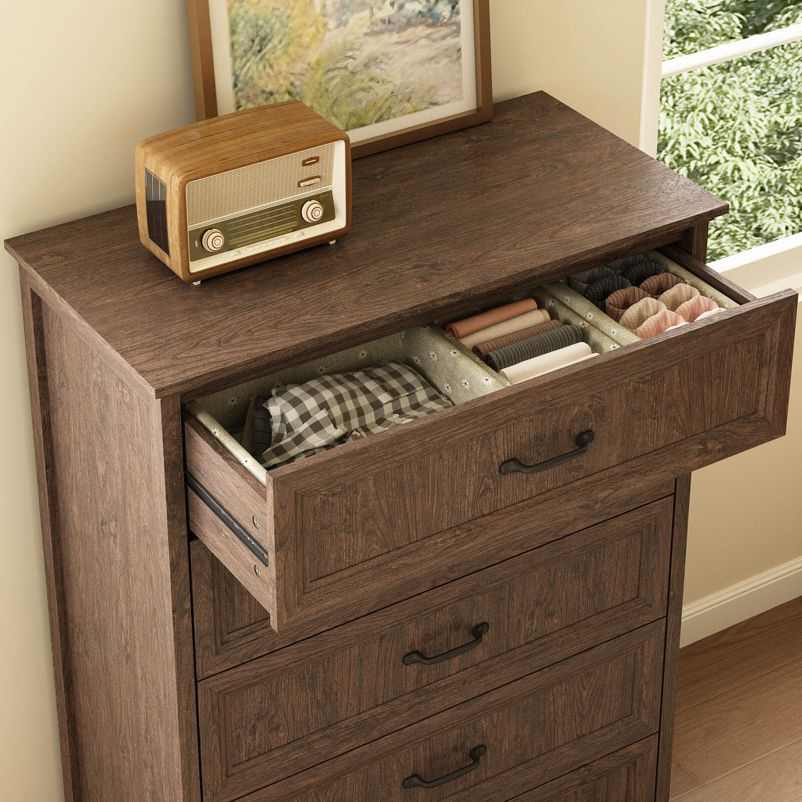 Rowen Rustic Solid Walnut Wood 5-Drawer Dresser - Riumlore