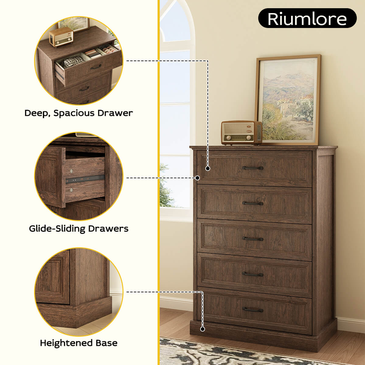 Rowen Rustic Solid Walnut Wood 5-Drawer Dresser - Riumlore