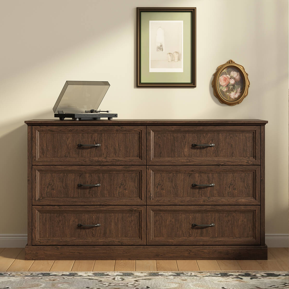 Rowen Rustic Solid Walnut Wood 6-Drawer Dresser - Riumlore
