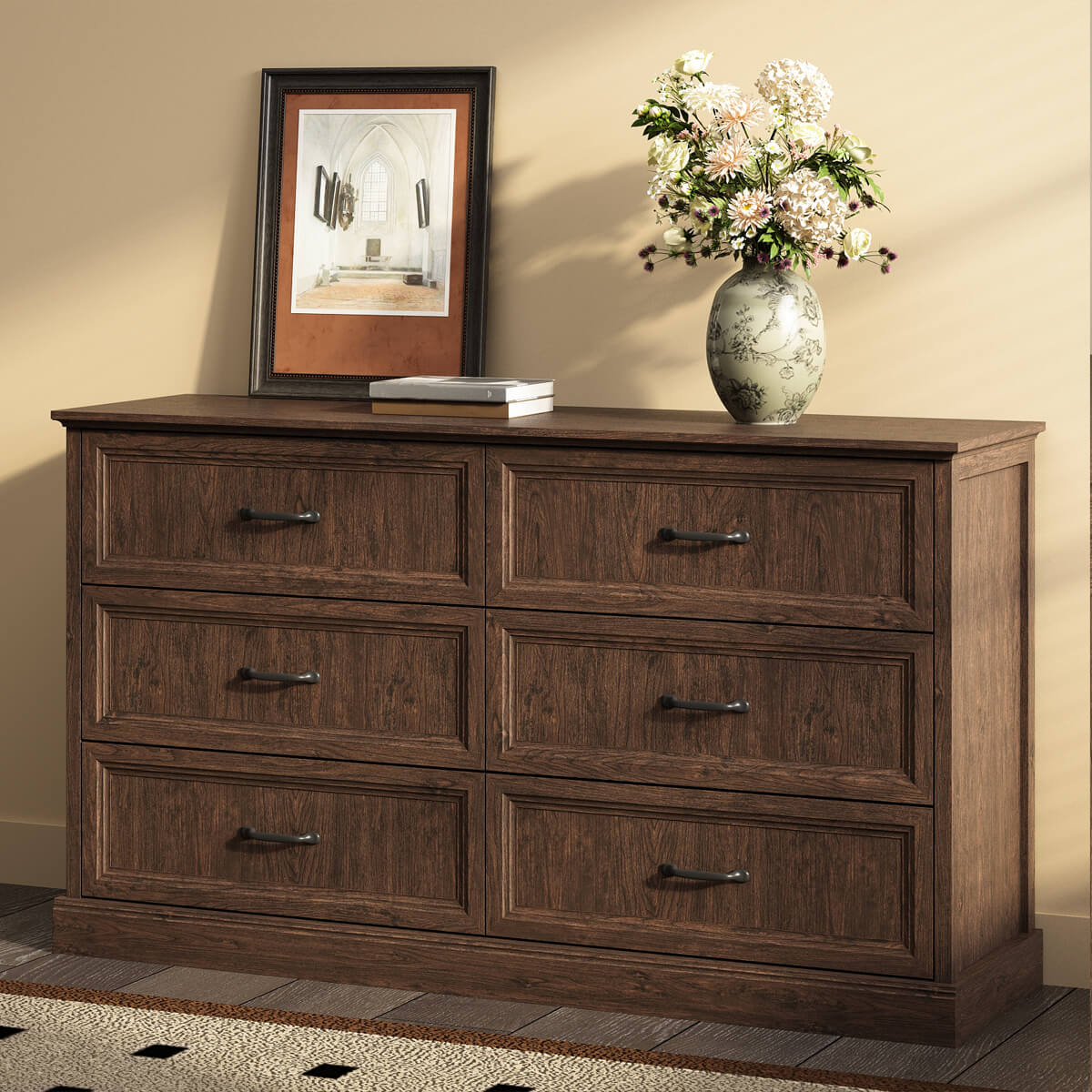 Rowen Rustic Solid Walnut Wood 6-Drawer Dresser - Riumlore