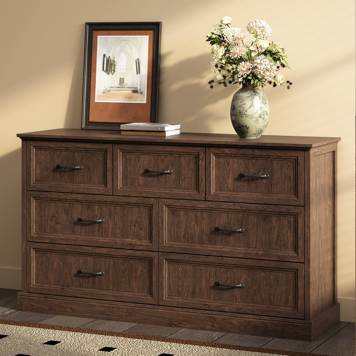 Rowen Rustic Solid Walnut Wood 7-Drawer Dresser - Riumlore