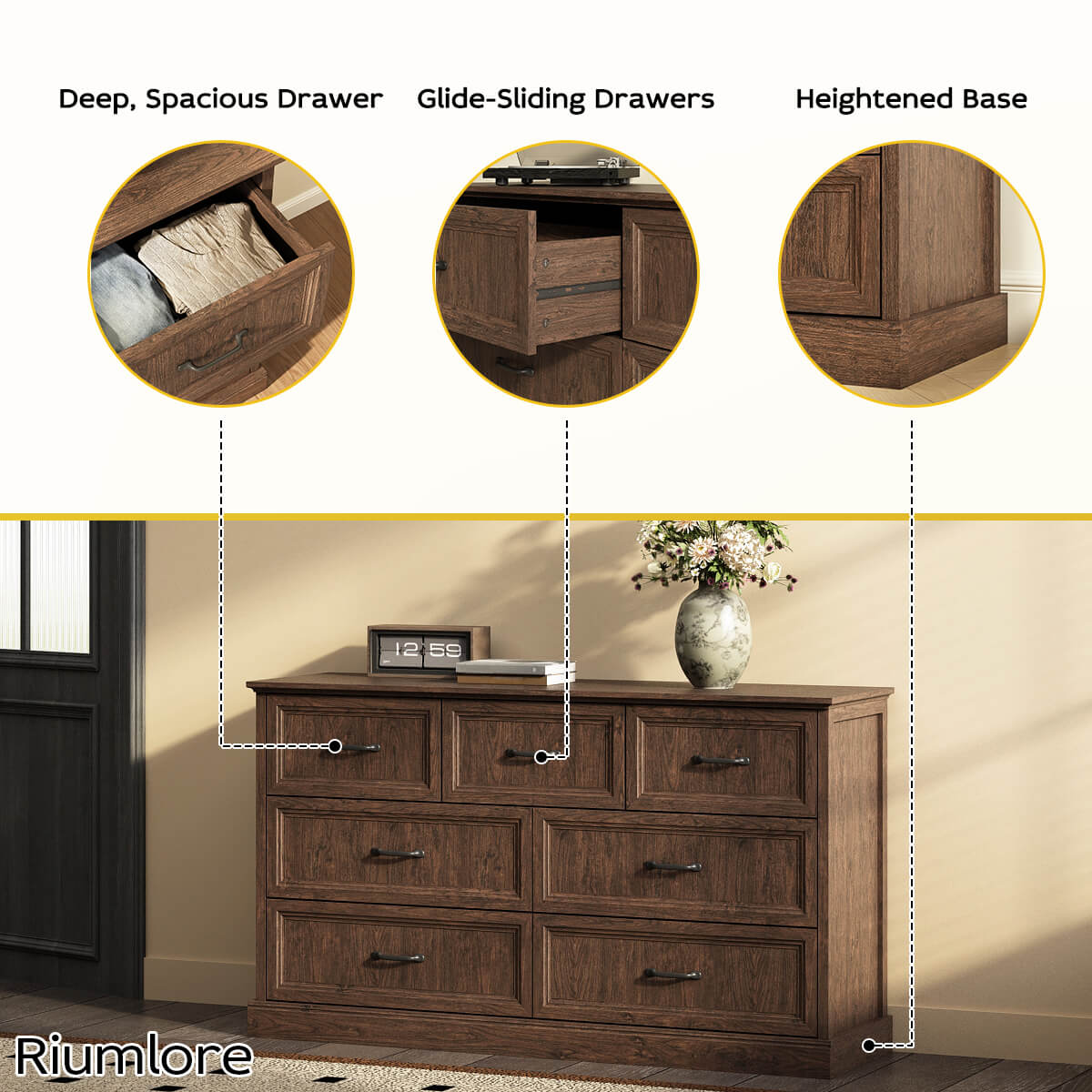 Rowen Rustic Solid Walnut Wood 7-Drawer Dresser - Riumlore