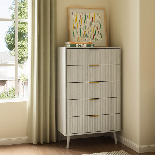 Corin Mid-Century-Modern Fluted White 5-Drawer Dresser - Riumlore