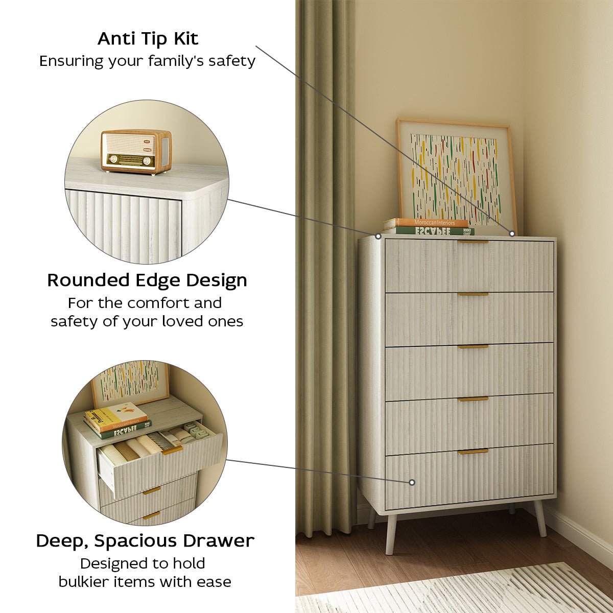 Corin Mid-Century-Modern Fluted White 5-Drawer Dresser - Riumlore