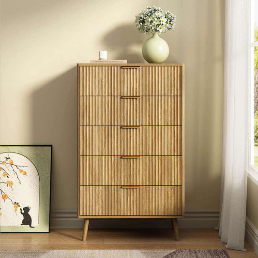 Thene Mid-Century-Modern Fluted 5-Drawer Dresser - Riumlore