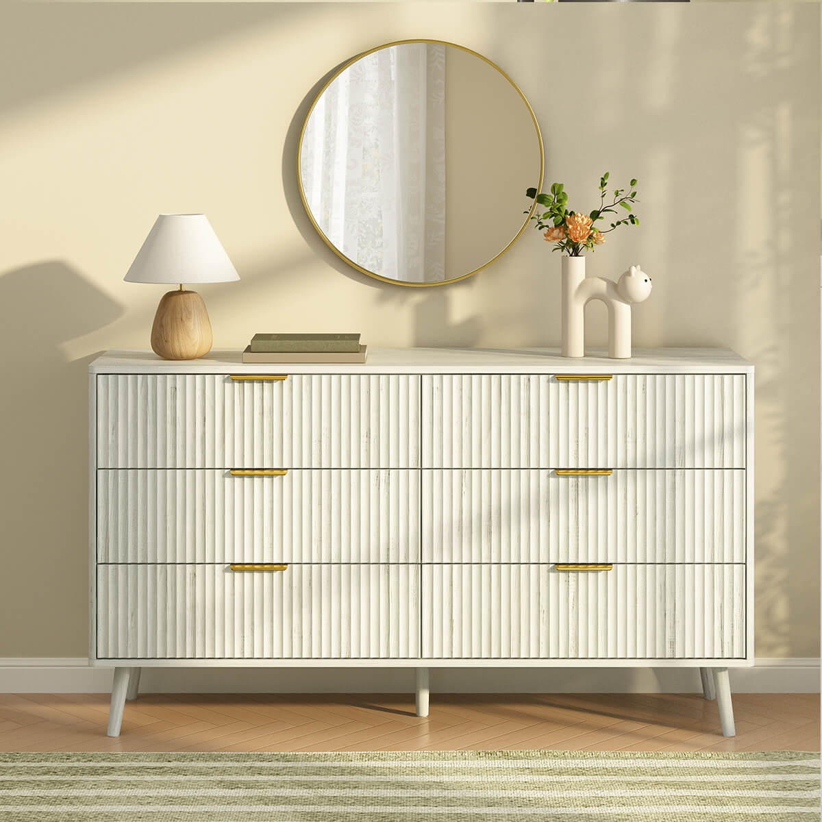 Corin Mid-Century-Modern Fluted White 6-Drawer Dresser - Riumlore