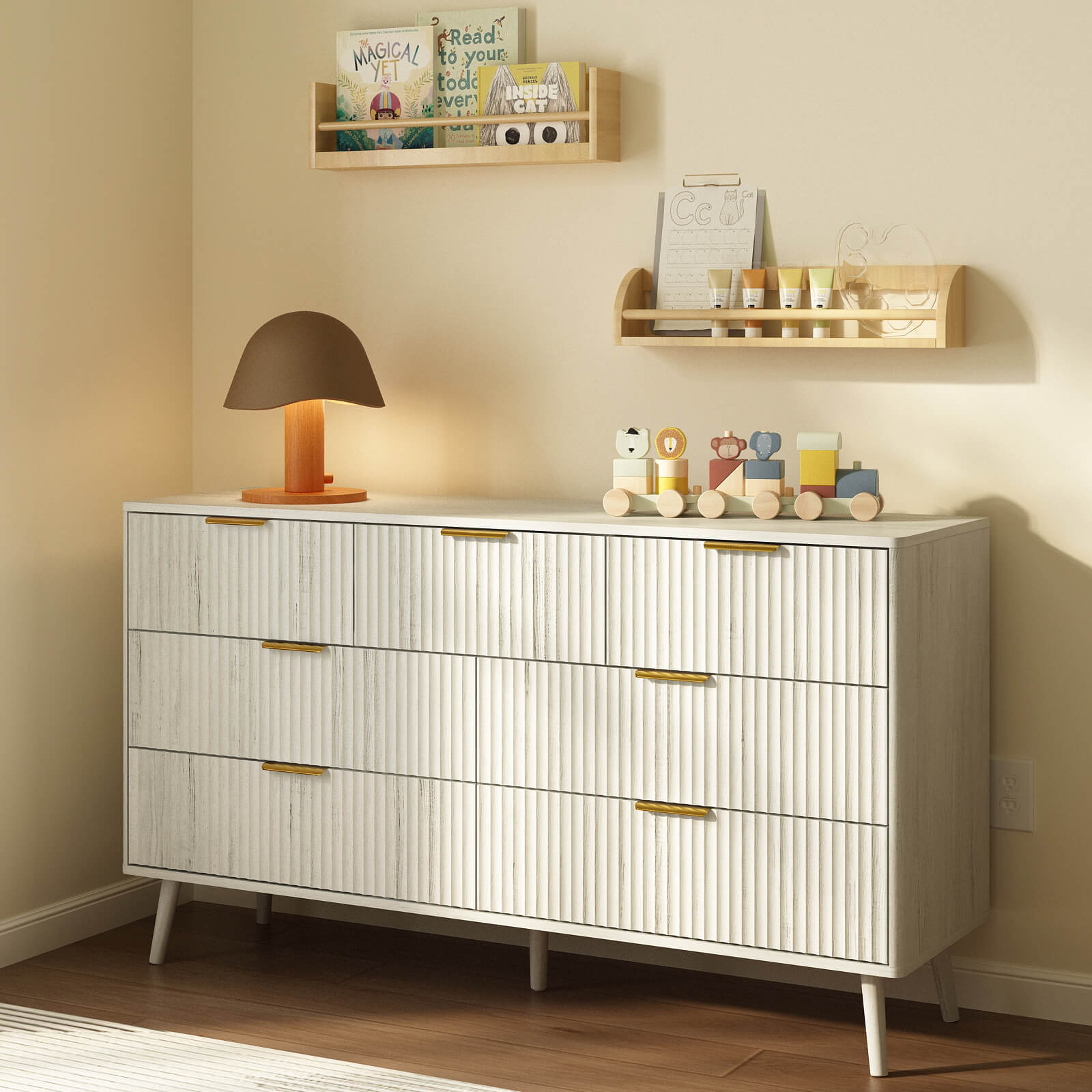 Corin Mid-Century-Modern Fluted White 7-Drawer Dresser