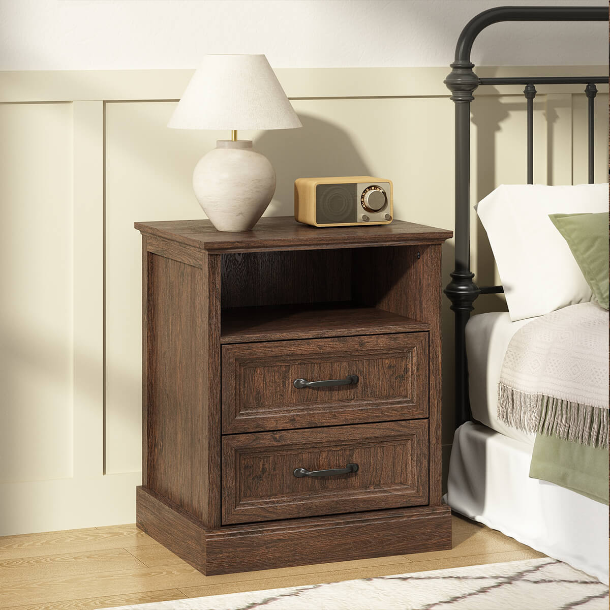 Rowen Rustic Solid Wood Nightstand with 2-Drawer & Open Shelf - Riumlore