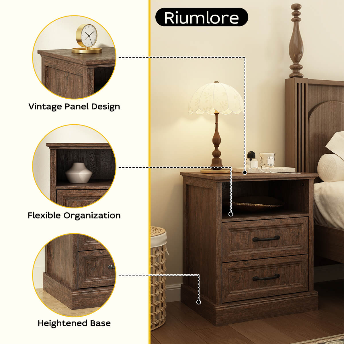 Rowen Rustic Solid Wood Nightstand with 2-Drawer & Open Shelf - Riumlore