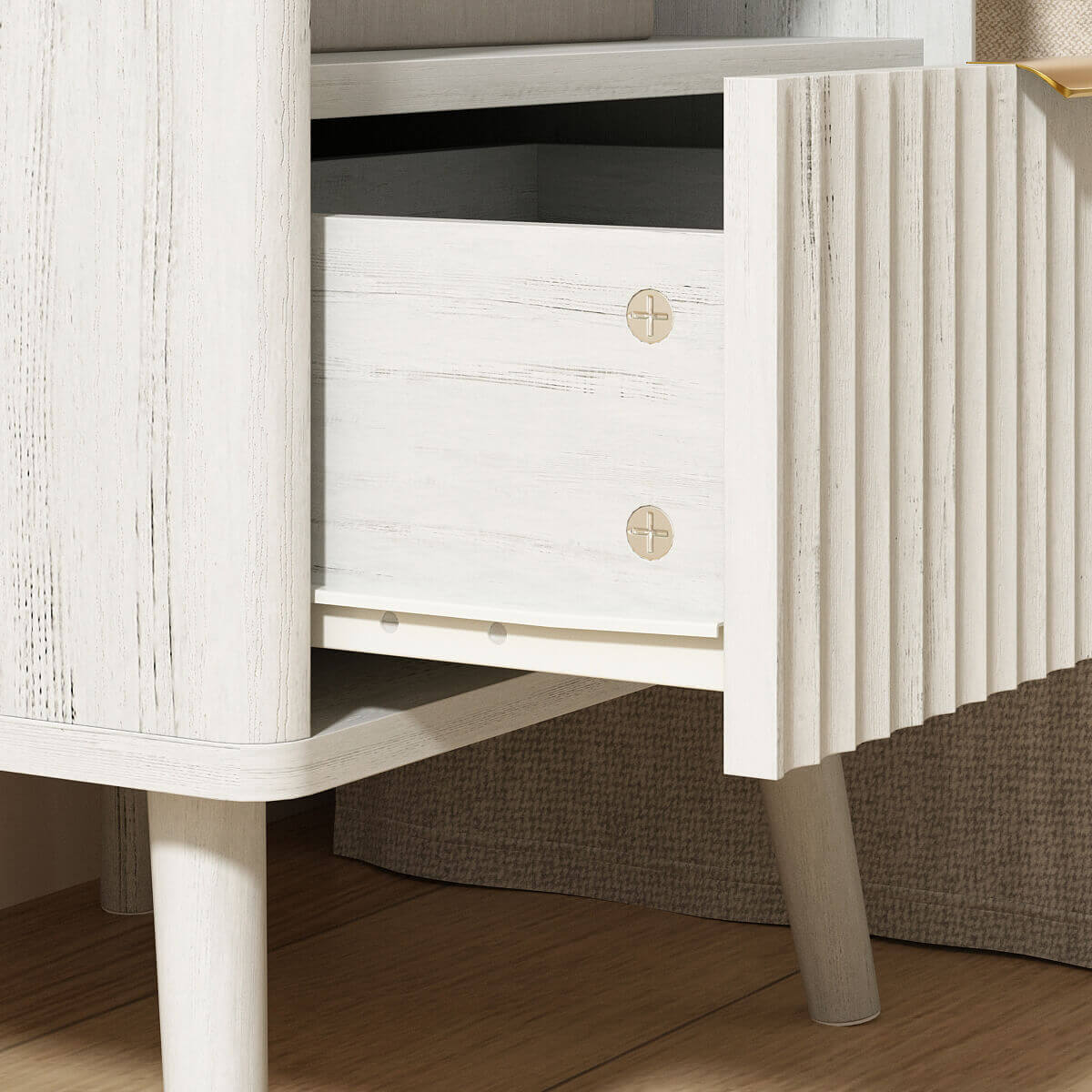Corin Mid-Century Fluted White Nightstand with Drawer & Open Shelf - Riumlore