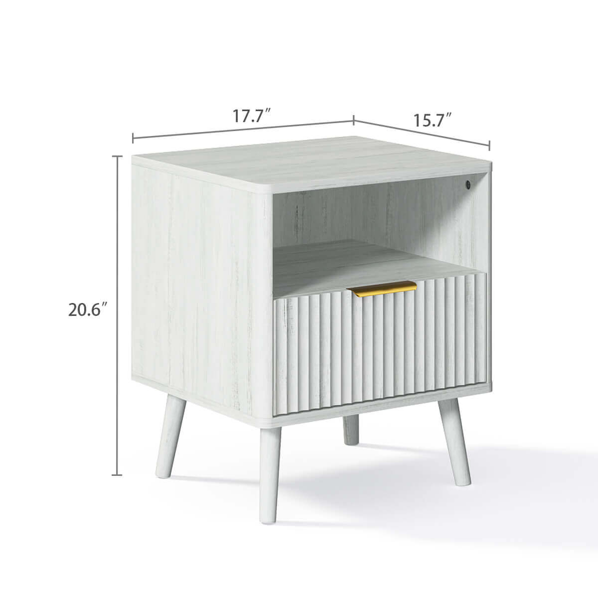 Corin Mid-Century Fluted White Nightstand with Drawer & Open Shelf - Riumlore