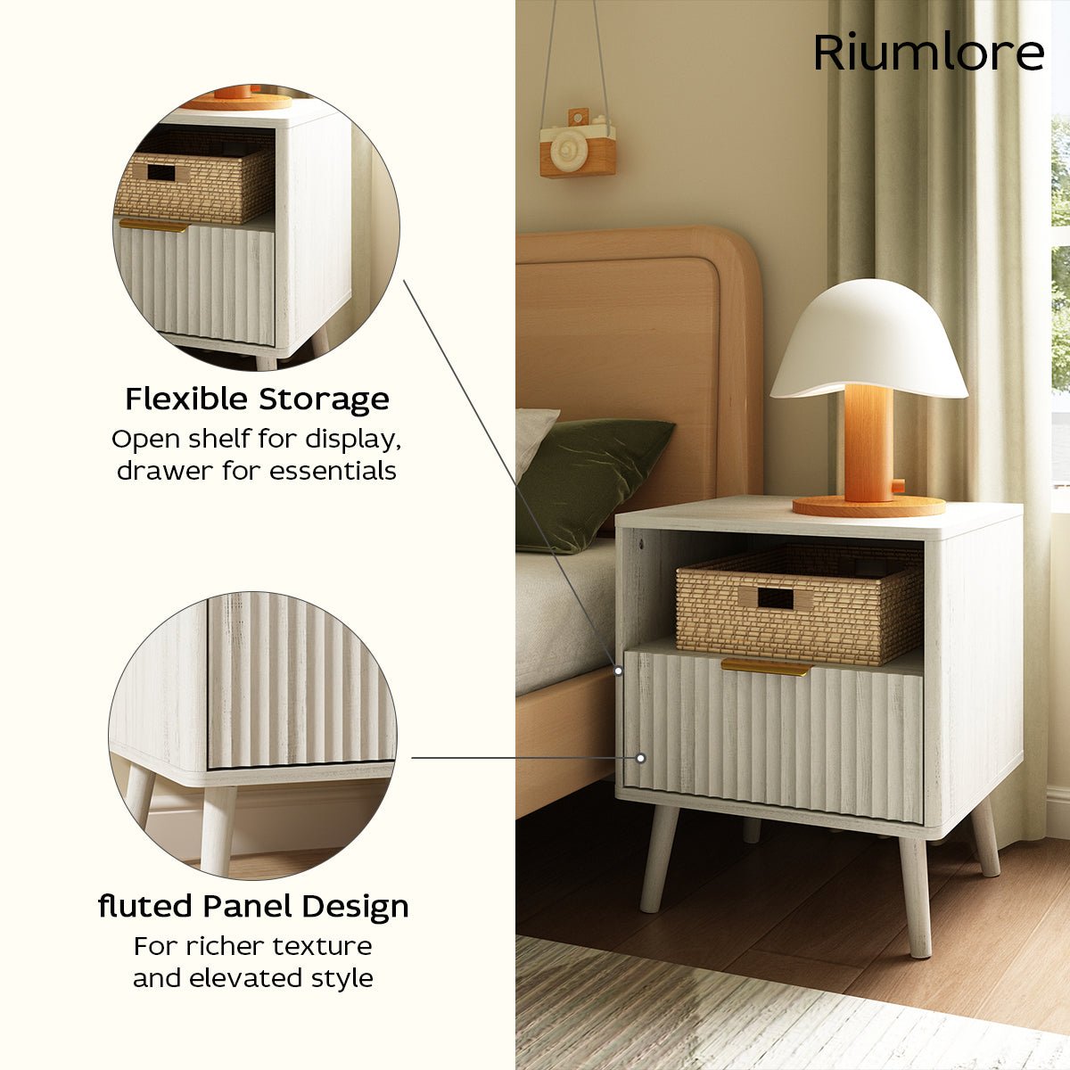 Corin Mid-Century Fluted White Nightstand with Drawer & Open Shelf - Riumlore