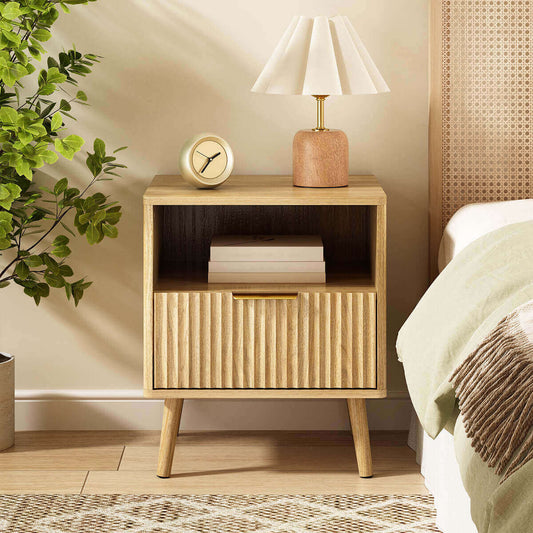 Thene Mid-Century Fluted Nightstand with Drawer & Open Shelf - Riumlore