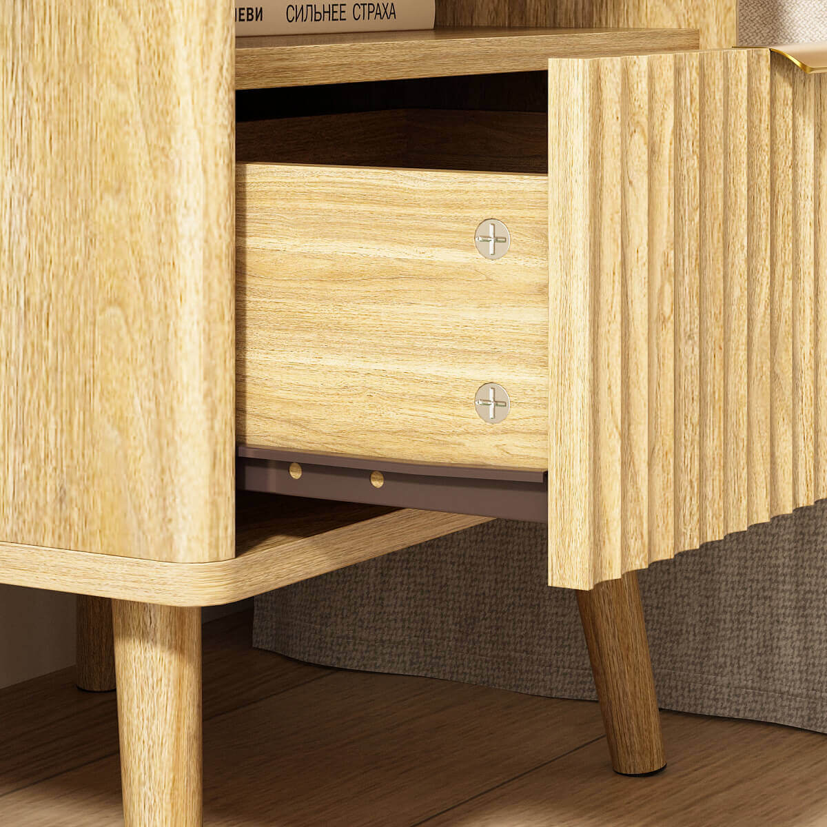 Thene Mid-Century Fluted Nightstand with Drawer & Open Shelf - Riumlore
