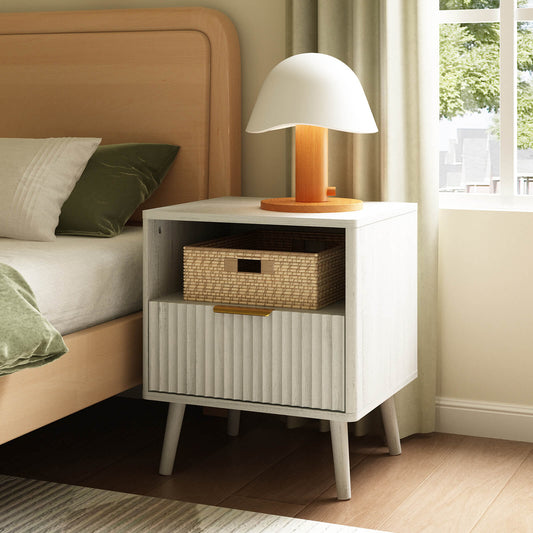 Corin Mid-Century Fluted White Nightstand with Drawer & Open Shelf - Riumlore