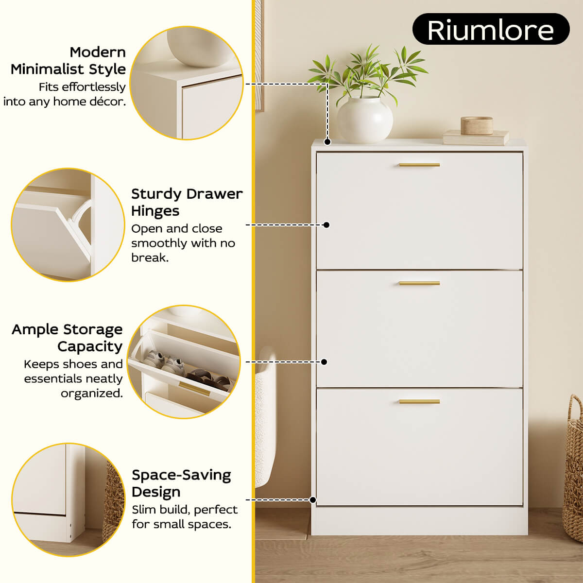 Ansel Minimalist 3-Tier Vertical White Shoe Cabinet - Riumlore