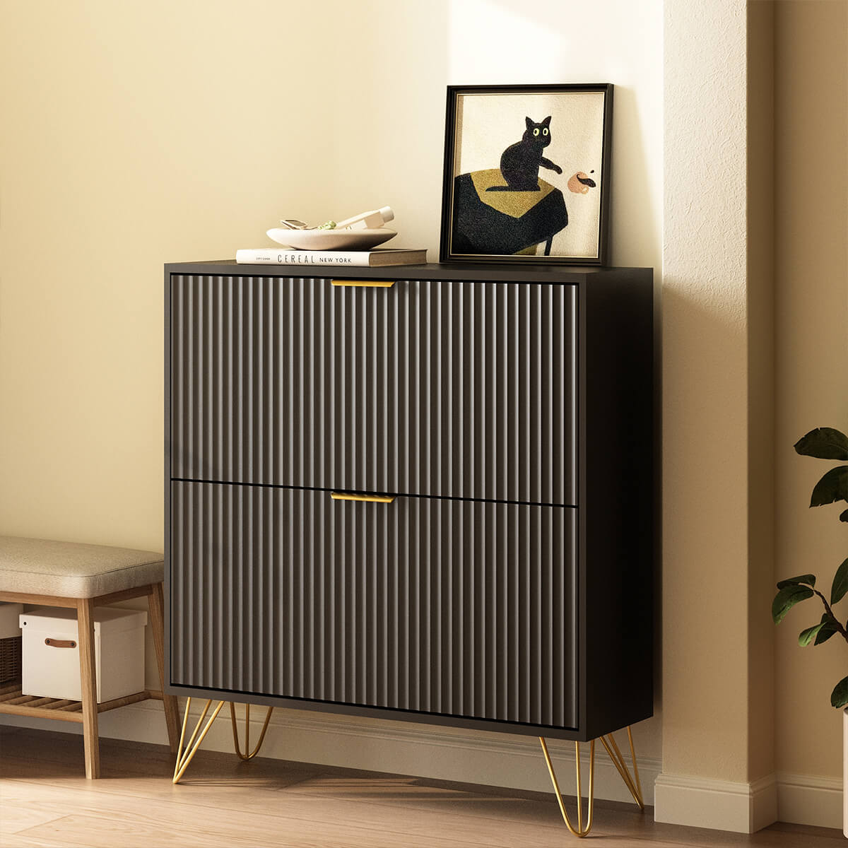 Luma Modern Fluted 2-Tier Vertical Black Shoe Cabinet - Riumlore