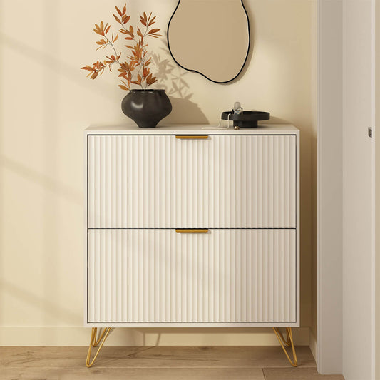 Luma Modern Fluted 2-Tier Vertical White Shoe Cabinet - Riumlore