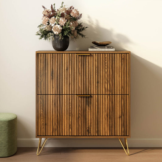 Luma Modern Fluted 2-Tier Vertical Walnut Shoe Cabinet - Riumlore
