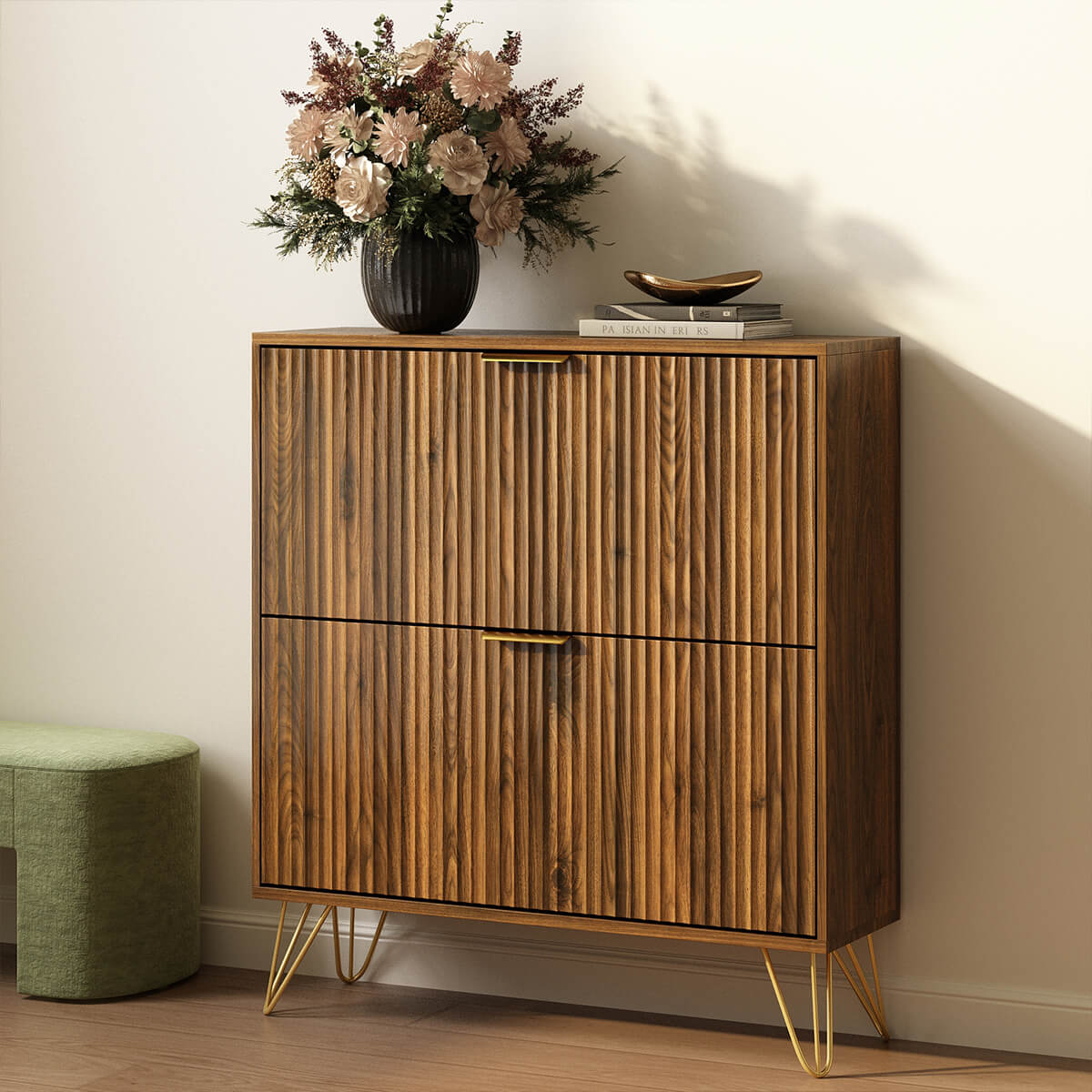 Luma Modern Fluted 2-Tier Vertical Walnut Shoe Cabinet - Riumlore