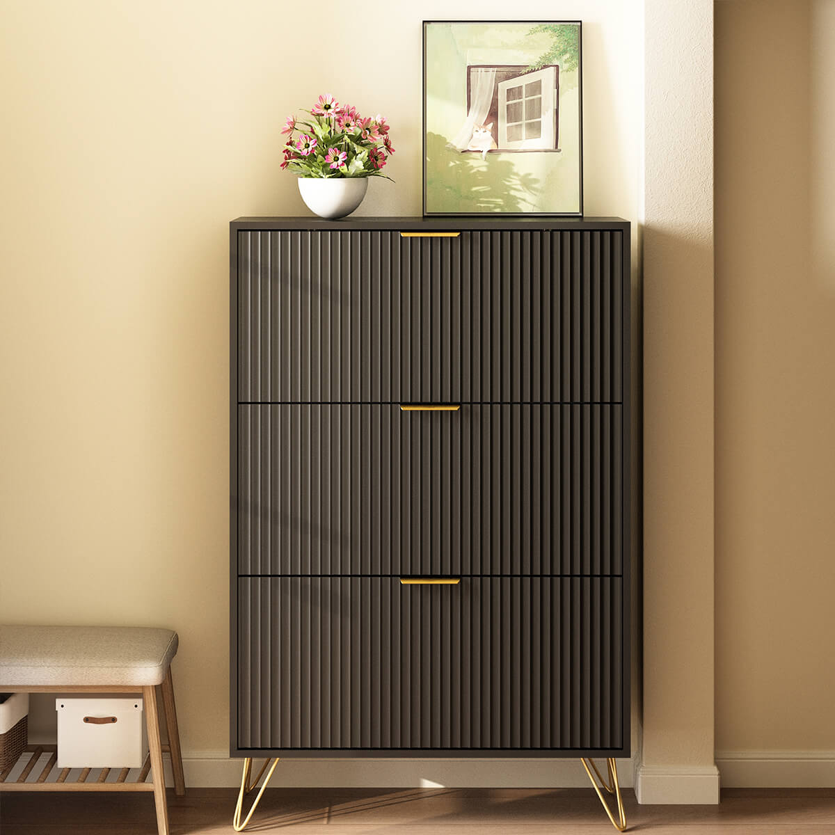 Luma Modern Fluted 3-Tier Vertical Black Shoe Cabinet Riumlore Luma Modern Fluted 3-Tier Vertical Black Shoe Cabinet Riumlore