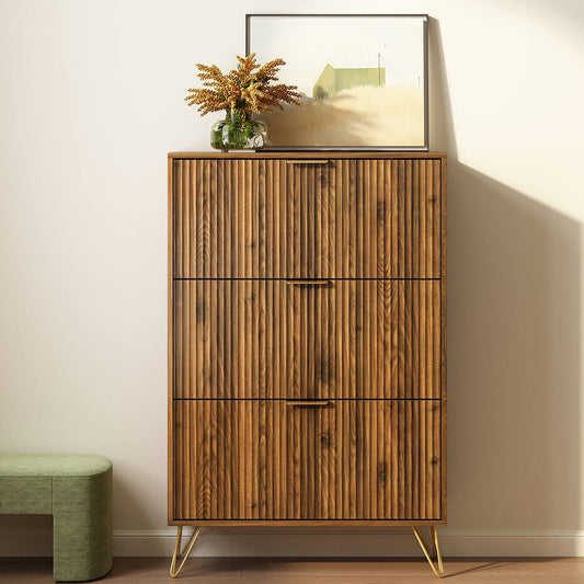 Luma Modern Fluted 3-Tier Vertical Walnut Shoe Cabinet - Riumlore
