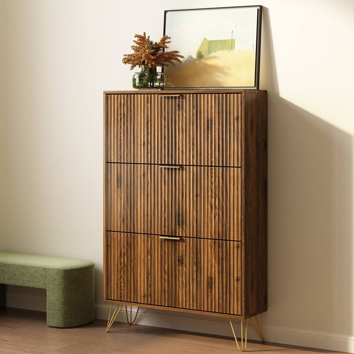 Luma Modern Fluted 3-Tier Vertical Walnut Shoe Cabinet - Riumlore