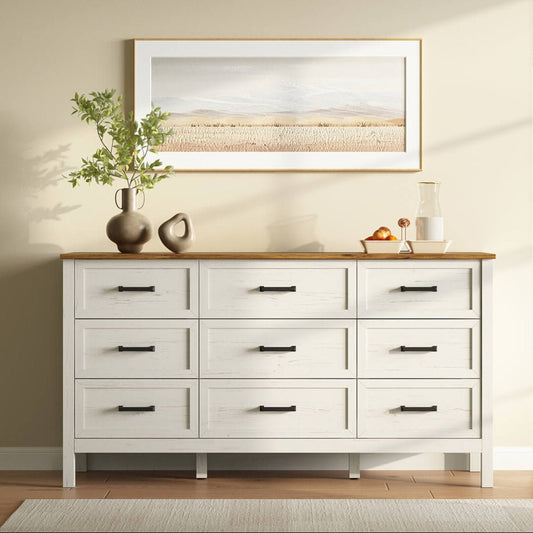 Dorien Rustic Farmhouse White 9-Drawer Dresser - Riumlore