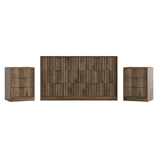 3-Piece Modern Bedroom Set - 6 Drawer Wide Dresser & Nightstands Set of 2 with Fluted Design, Anti-Tip Safety Brown Natural Wood Storage Furniture for Bedroom,Hallway 6+6,Brown