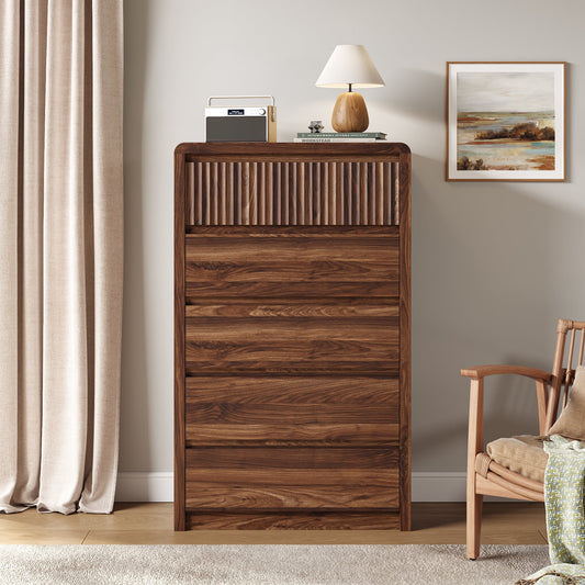 5 Drawers Dresser for Bedroom, 48.4" Tall Chest of Drawers with Curved Profile Design, Mid Century Fluted Storage Dressers Organizer,Brown
