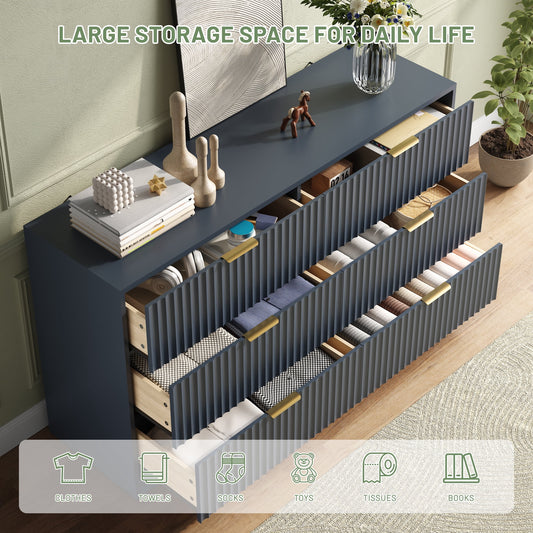 55.1" W Fluted 6 Drawer Dresser for Adult,Wooden Bedroom Dresser,Dresser TV Stand up to 65" for Living Room,Blue