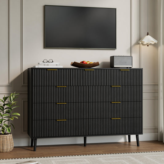 Fluted 9 Drawers Dresser, 55.1" Wide Modern Chest of Drawers with Wood Foot, Dresser TV Stand Up to 65 Inch TV, Wood Drawer Organizer for Bedroom, Living Room, Hallway - Black