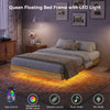 Queen Bed Frame with RGB LED Lights,Floating Bed with Fluted Design;Heavy Duty Steel, Modern Metal Queen Size Bed,Walnut