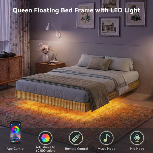 Queen Bed Frame with RGB LED Lights,Floating Bed with Fluted Design;Heavy Duty Steel, Modern Metal Queen Size Bed,Walnut