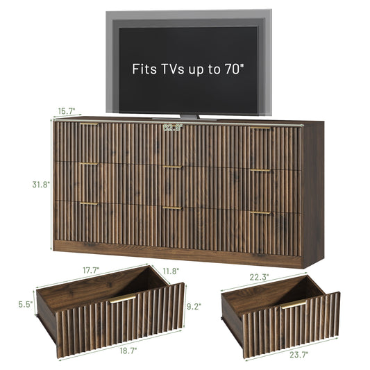 63" W Fluted 9 Drawer Dresser for Adult,Wooden Bedroom Dresser,Dresser TV Stand up to 70" for Living Room,Brown