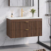 ASTUVIA 35.4" Modern Fluted Bathroom Vanity with Sink, Wall Mounted Floating Cabinets with Double Drawers, Resin Sink Combo Set with Golden Handle,Brown