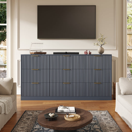 63" W Fluted 9 Drawer Dresser for Adult,Wooden Bedroom Dresser,Dresser TV Stand up to 70" for Living Room,Blue